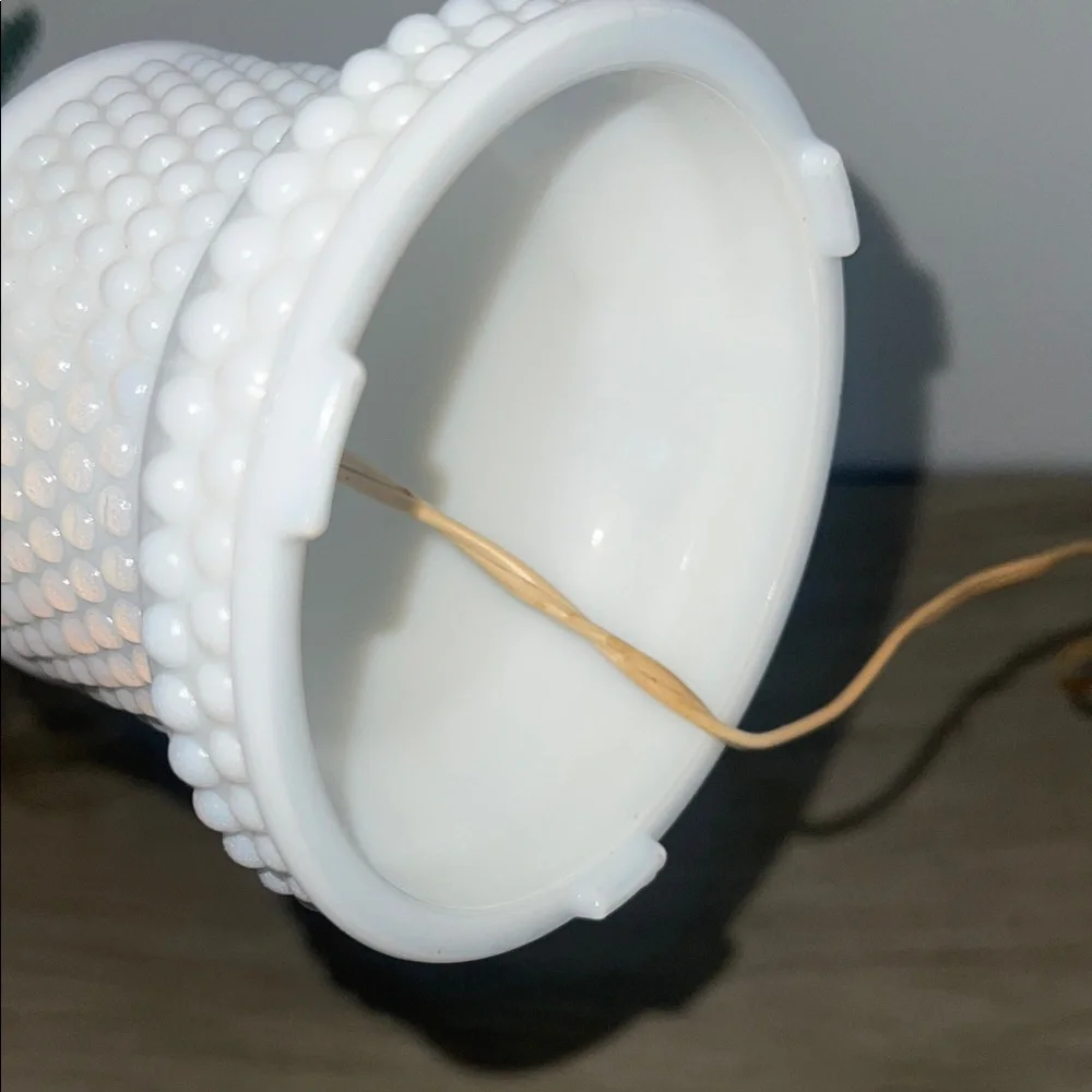 White MILK GLASS hobnail with a hurricane chimney. Tested and works.
